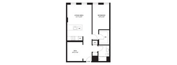 A black and white image of a floor plan for a bedroom, living area, and den.