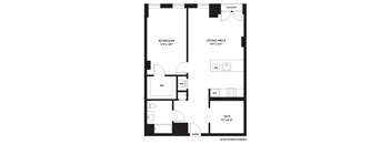 A floor plan of an apartment with a bedroom, living area, den, and an entry.