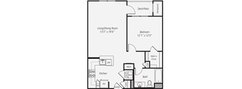 A floor plan of a small apartment with a living room, kitchen, bathroom, and bedroom.