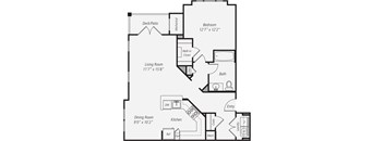 A floor plan of a house with a living room, dining room, kitchen, bathroom, and bedroom.