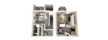 A 3D floor plan of a small apartment with two bedrooms, a living room, and a kitchen.