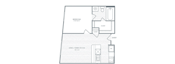 A floor plan of a small apartment with a bedroom, living/dining room, and a closet.