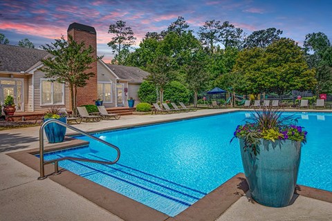 A pool with a blue chair and a potted plant.