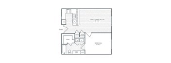 A floor plan of a small apartment with a living/dining room and a bedroom.