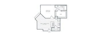 A floor plan of a house with a bedroom, living room, and closet.