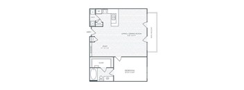 A floor plan of a house with a living room, dining room, study, and bedroom.