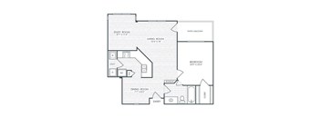 A floor plan of a house with a study room, living room, dining room, and bedroom.