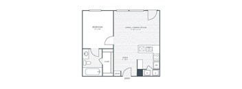 A floor plan of a small apartment with a bedroom, living room, study, and closet.