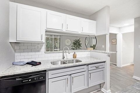 A kitchen with white cabinets and a black dishwasher.