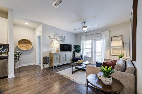 A living room with a couch, a coffee table, and a television.