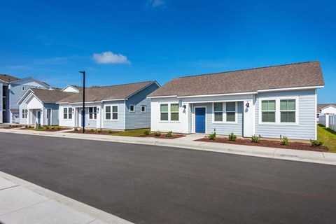 A row of houses with blue doors and windows.