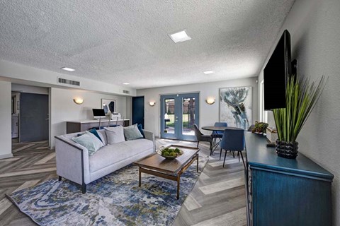 A living room with a white couch and a blue rug.