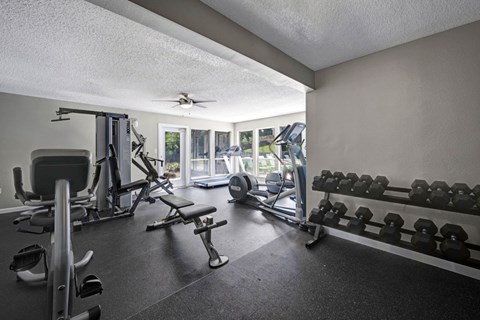 A well-equipped home gym with a variety of exercise equipment.