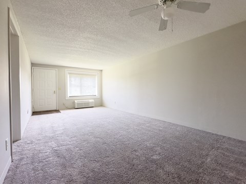 A room with a ceiling fan and carpeted floor.