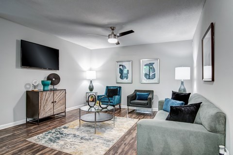 A living room with a grey couch, a coffee table, and a television on the wall.