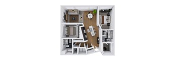 A top-down view of a modern apartment with a kitchen, living room, and bedroom.