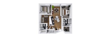 A top-down view of a modern apartment with a kitchen, living room, and bedroom.