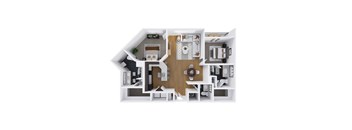 A top down view of a house interior with a kitchen, living room, dining room, and bedrooms.
