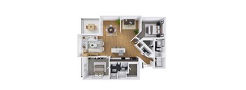 A top-down view of a house layout with a kitchen, living room, and bedrooms.