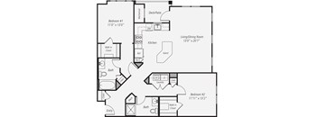 A floor plan of a home with two bedrooms, a living/dining room, kitchen, bathroom, and laundry.