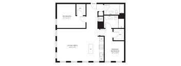 A black and white floor plan of a home with a living area, bedroom, and primary bedroom.