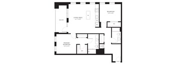 A black and white floor plan of a home with a living area, two bedrooms, a balcony, and an entry.
