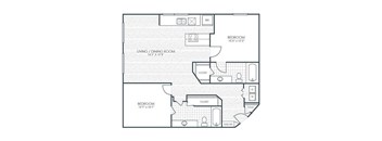 A floor plan of a house with three bedrooms and a living/dining room.