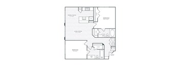A floor plan of a house with a living room, dining room, kitchen, and two bedrooms.
