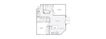 A floor plan of a house with a bedroom, living room, and kitchen.