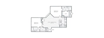 A floor plan of a house with two bedrooms, a living room, a dining room, and an entry.