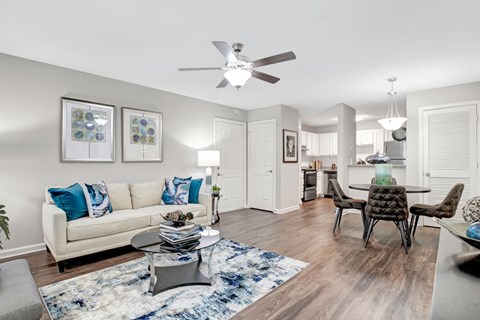 A living room with a white couch and a rug.