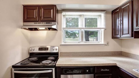 A modern kitchen with dark brown cabinets and a black stove top oven.