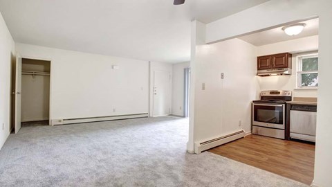 A spacious living area with a kitchenette and a grey carpet.