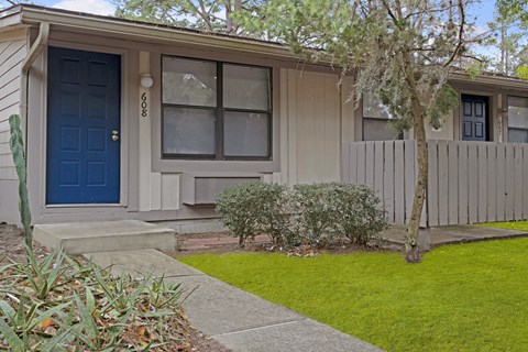 A house with a blue door and a tree in front.