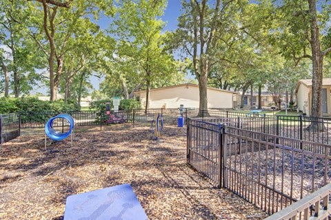 A playground with a blue slide and a black fence.