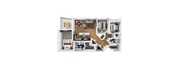 A 3D floor plan of a house with a kitchen, living room, and bathroom.