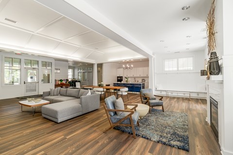 A modern living room with a grey sofa and wooden floors.