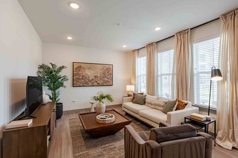 A living room with a couch, a coffee table, and a television.