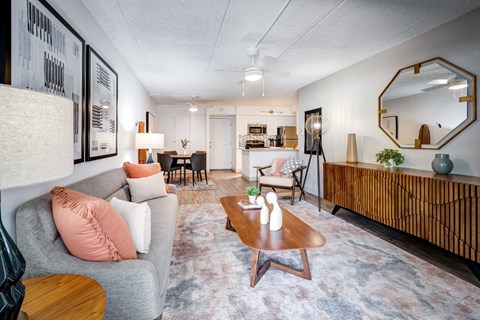 A living room with a grey couch, a wooden coffee table, and a mirror on the wall.
