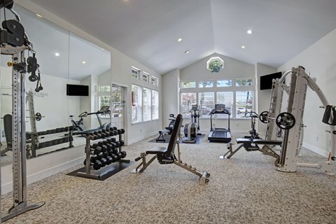 A spacious home gym with a variety of exercise equipment.