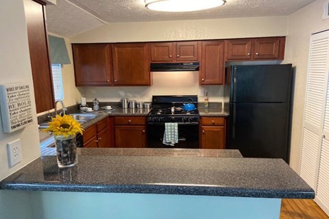 A kitchen with a black refrigerator and wooden cabinets.