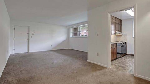 A large empty room with a kitchen area visible through the door.