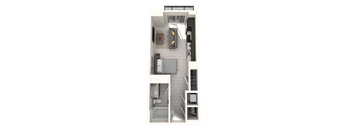 A top-down view of a small apartment with a kitchen, living room, and bathroom.