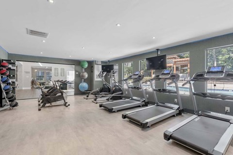 A gym with treadmills, exercise bikes, and other equipment.