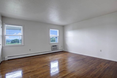 A room with wooden floors and two windows.