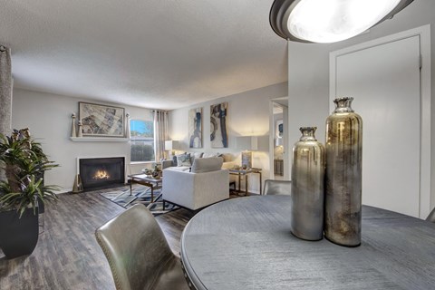 A modern living room with a fireplace and a grey rug.
