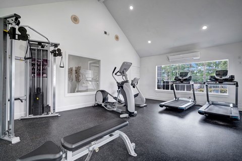A well-equipped home gym with a variety of exercise machines.