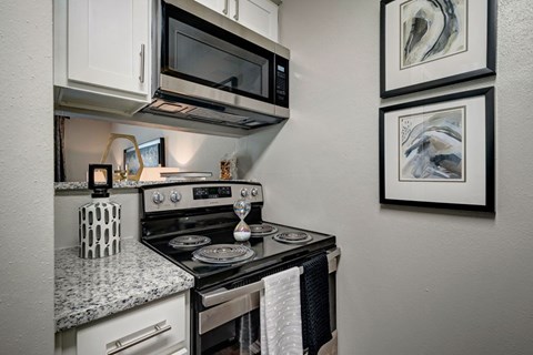 A modern kitchen with a black stove top oven and a black microwave above it.