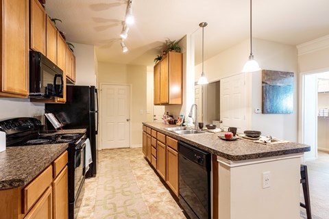 A kitchen with black appliances and wooden cabinets.