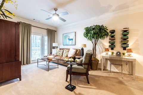 A living room with a ceiling fan, a couch, a chair, a table, and a plant.